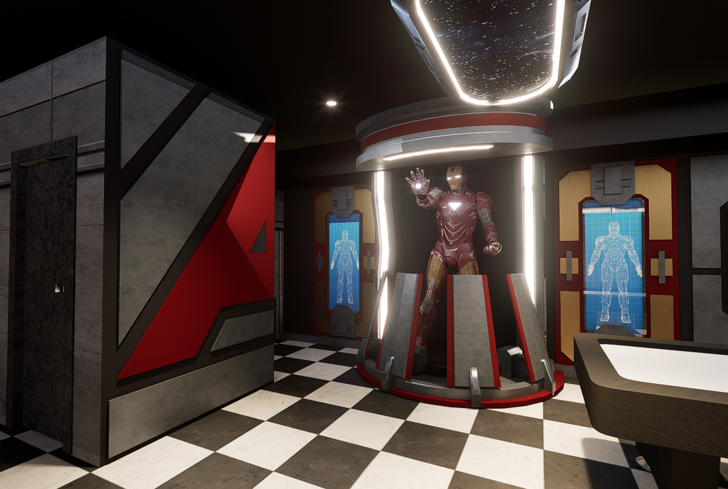 Dark alleyway lit by neon signs reflecting off wet pavement